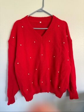 Amazon Red V-Neck Pearl-Embellished Women's Sweater